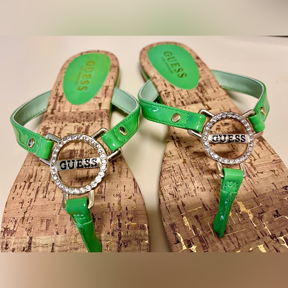Guess Flip Flops Green with Gold center logo.  Size 7 M New